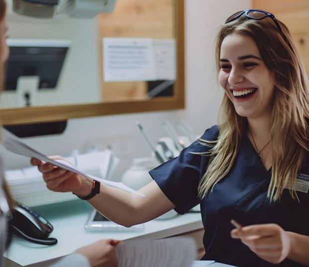 Happy dental team member assisting patient at front desk