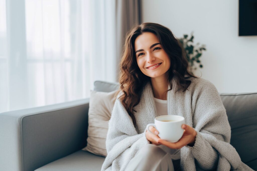 Woman smiling while drinking cup of tea at home